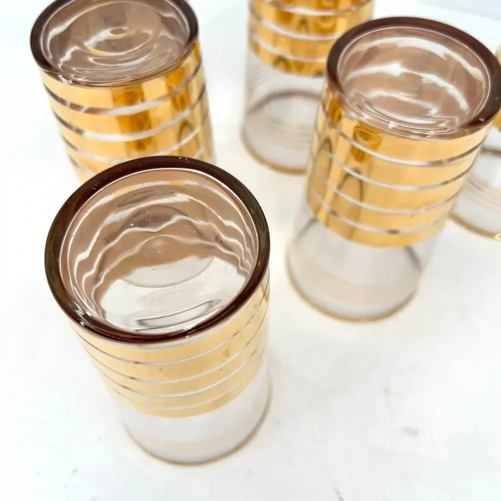 Vintage MacBeth Evans 22k Gold Striped Oriental Tea Tumblers Glasses
